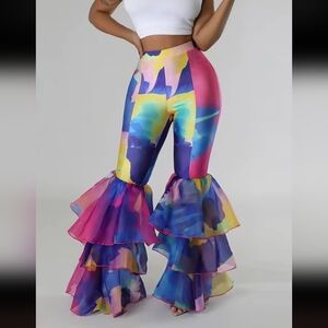Tie Dye Print Retro Mesh Ruffles Leggings Women Pants. Size XXL. New without tag